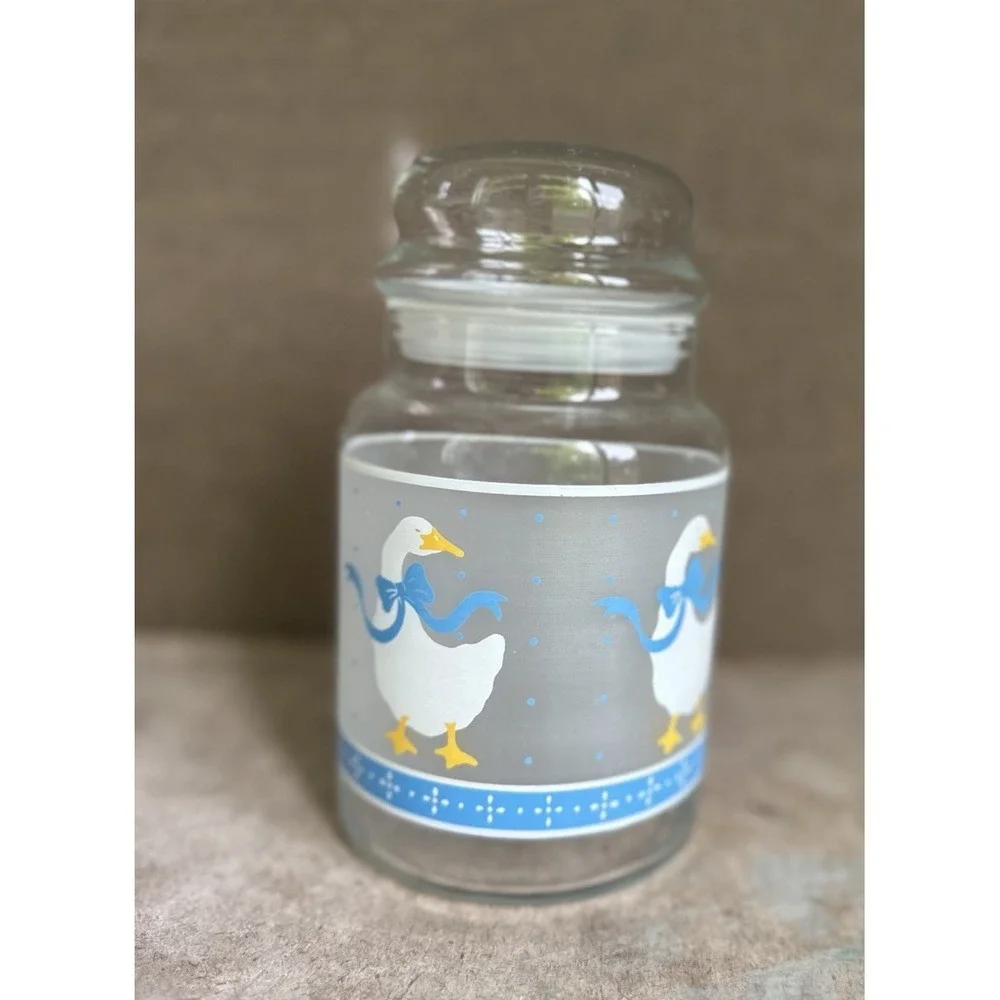 Vtg Storage Canister Jar Libbey Glass Goose with Blue Ribbon Frosted 7